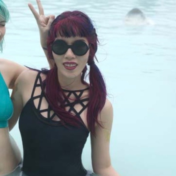 Goth pentagram straps black swimsuit one piece gothic swimwear size s like new - Picture 7 of 9